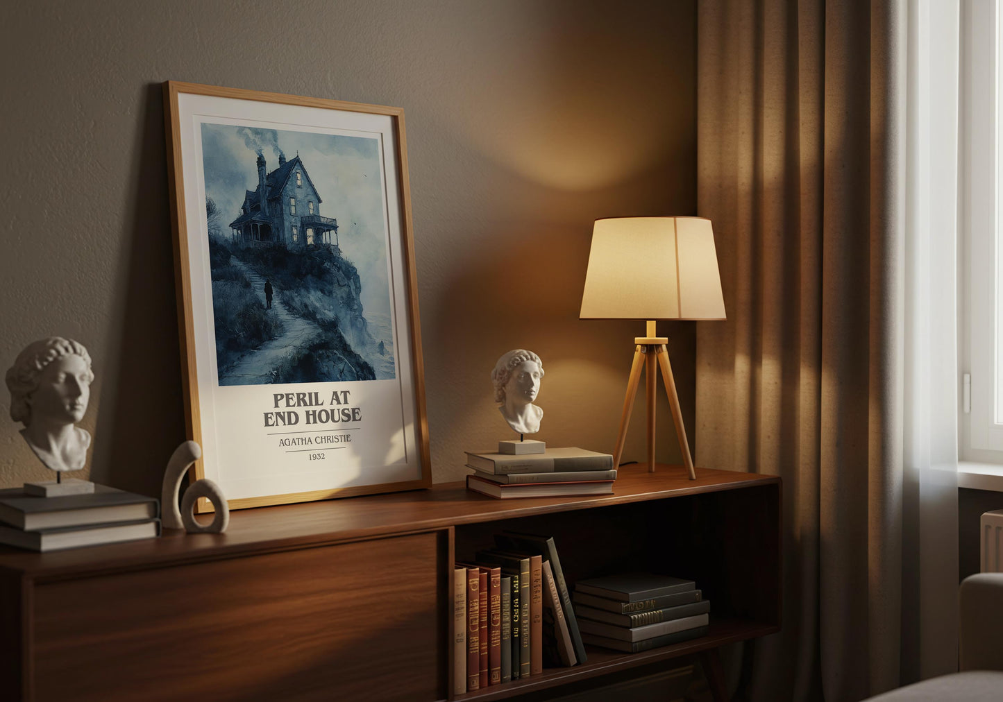 Peril at End House by Agatha Christie Descriptive Poster Print. Free Delivery Wall Art Author & Blurb Book Artwork Novel