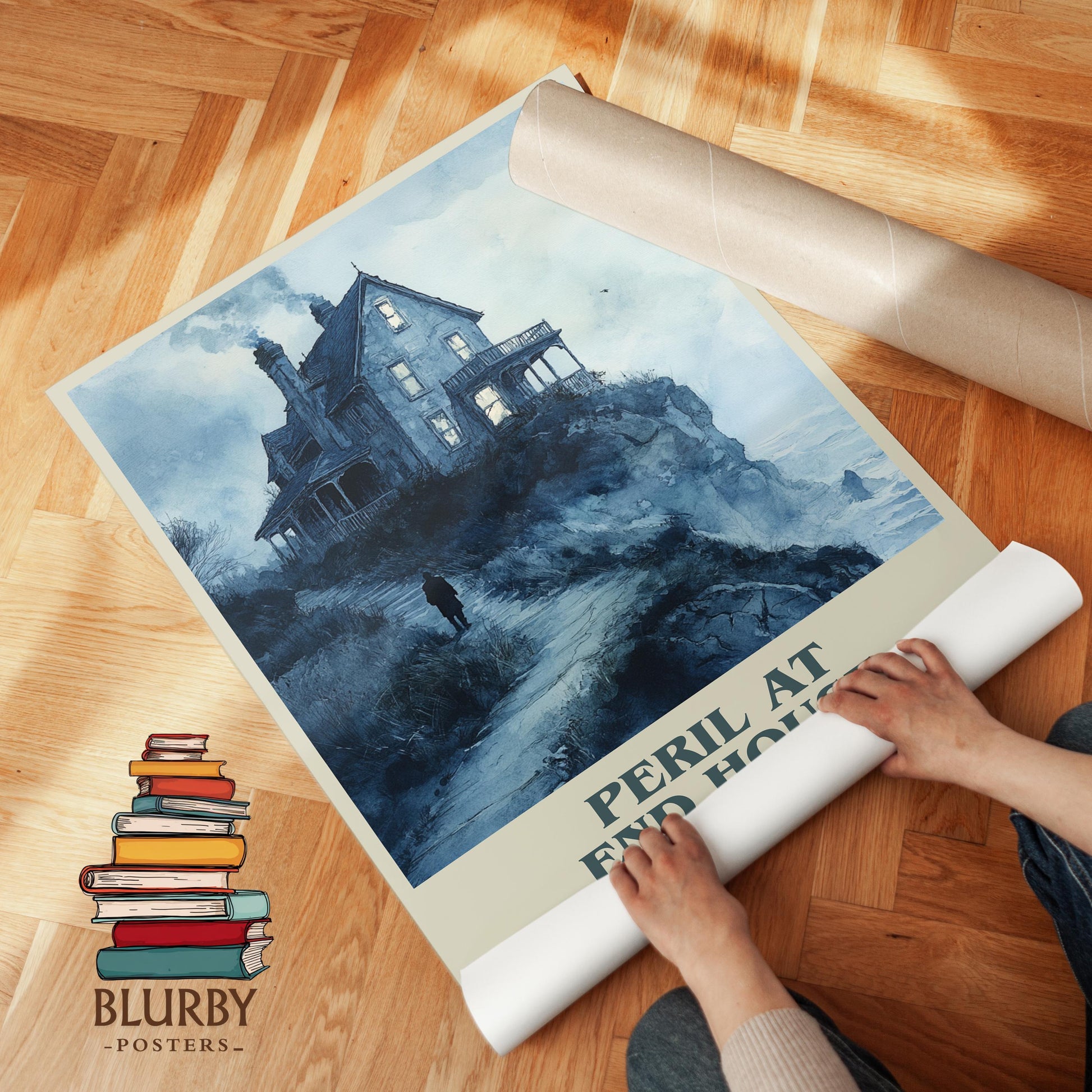 Peril at End House by Agatha Christie Descriptive Poster Print. Free Delivery Wall Art Author & Blurb Book Artwork Novel