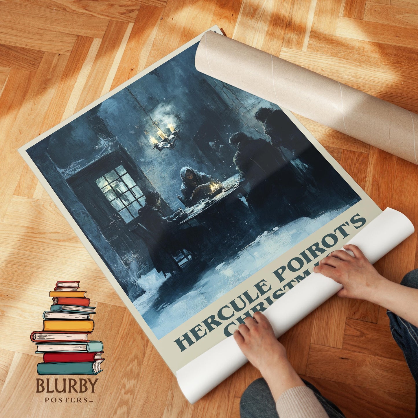 Hercule Poirot's Christmas book cover print on bookshelf – Agatha Christie fan gift