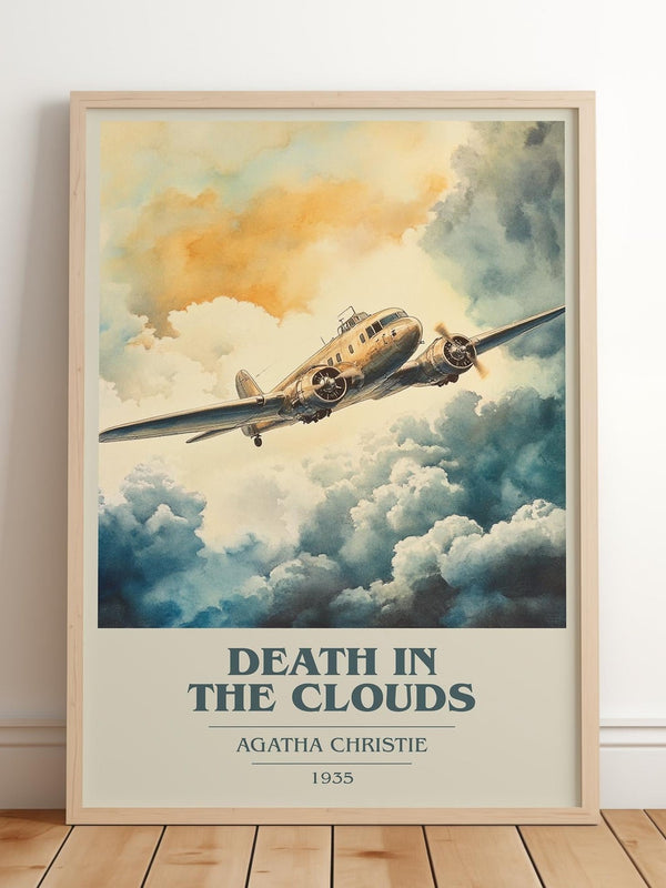 Death in the Clouds book cover print in frame leaning in hallway – mystery wall art