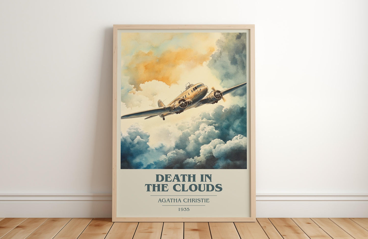 Death in the Clouds book cover print in frame leaning in hallway – mystery wall art