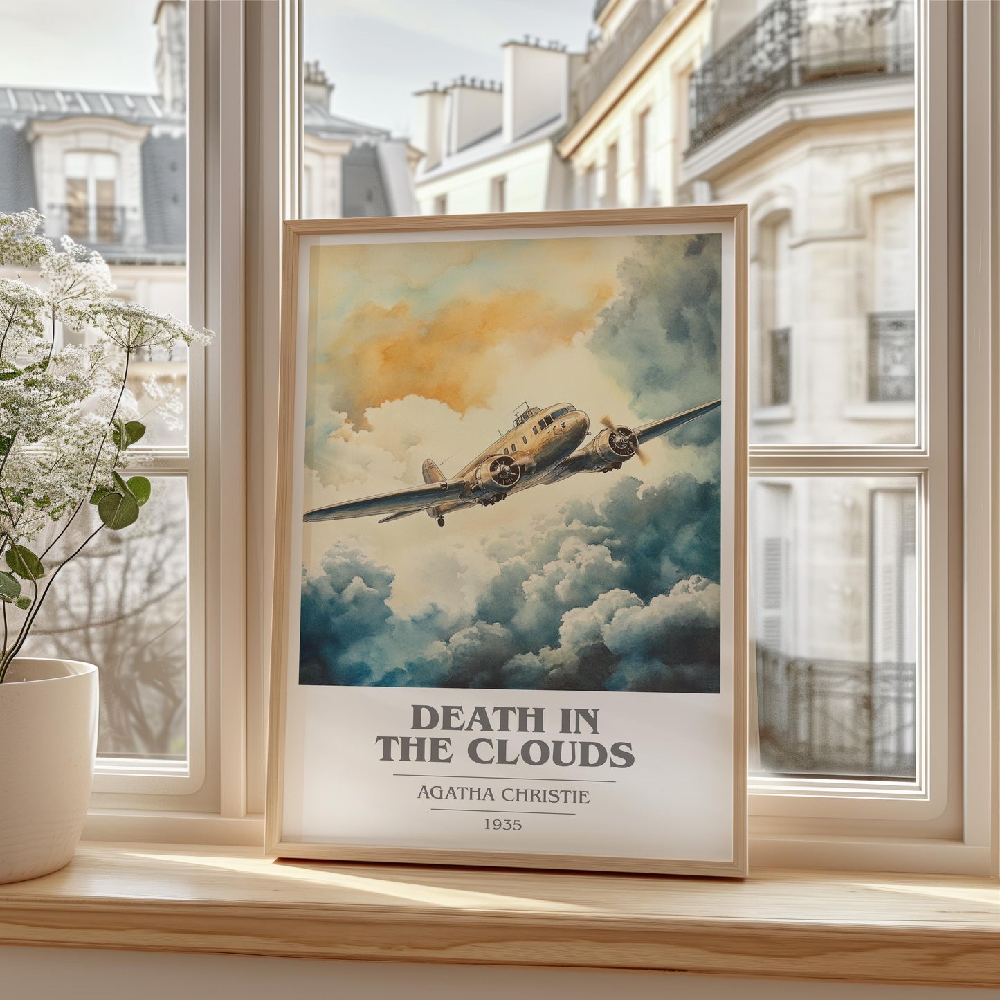 Death in the Clouds book cover print framed by window – literary home decor