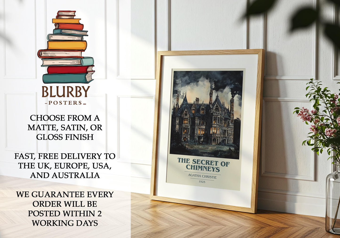 The Secret of Chimneys by Agatha Christie Descriptive Poster Print. Free Delivery Wall Art Author & Blurb Book Artwork Novel