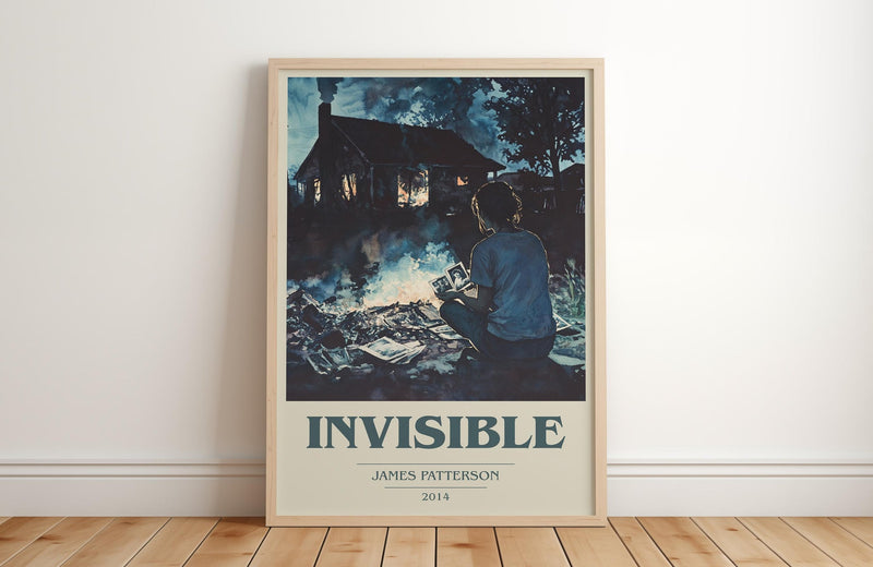 Invisible book cover print in frame leaning in hallway – thriller wall art