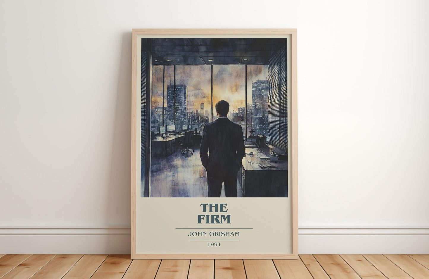 The Firm book cover print in frame leaning in hallway – thriller wall art