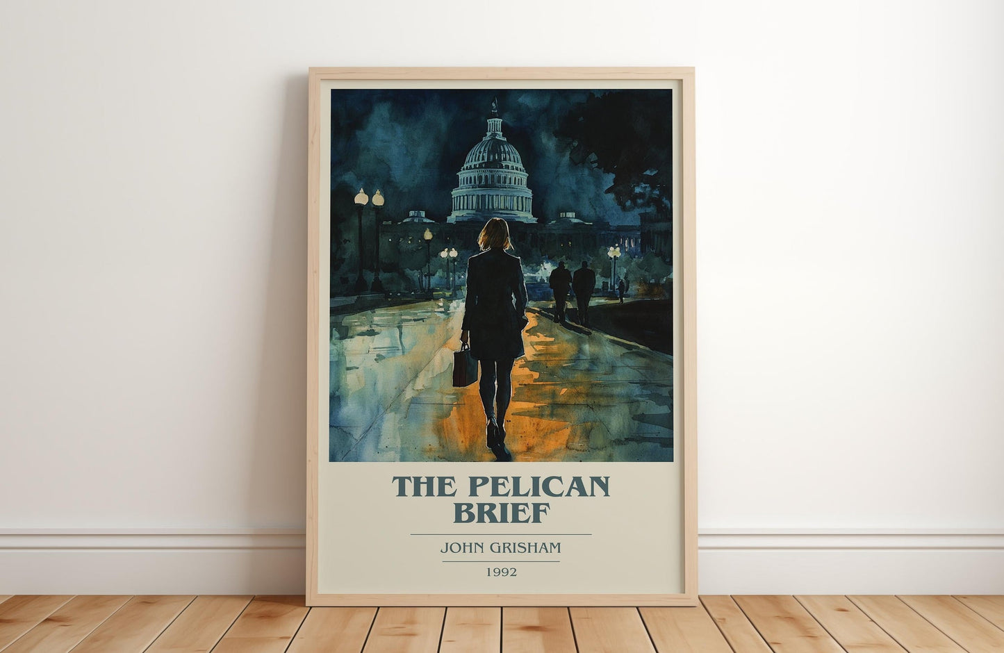 The Pelican Brief book cover print in frame leaning in hallway – thriller wall art