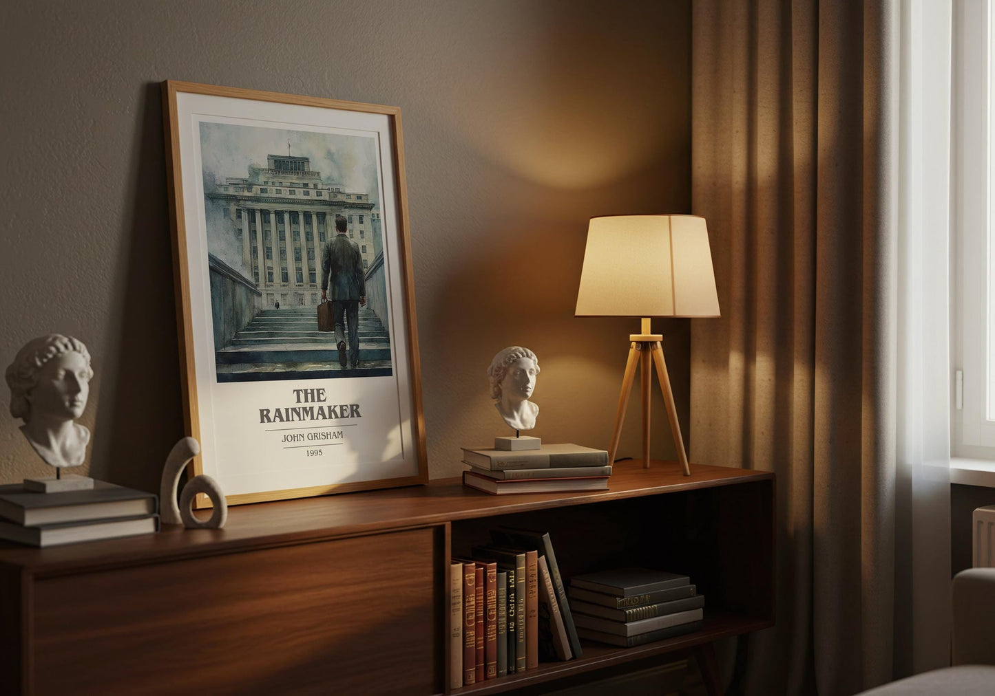 The Rainmaker book cover print framed by window – literary home decor