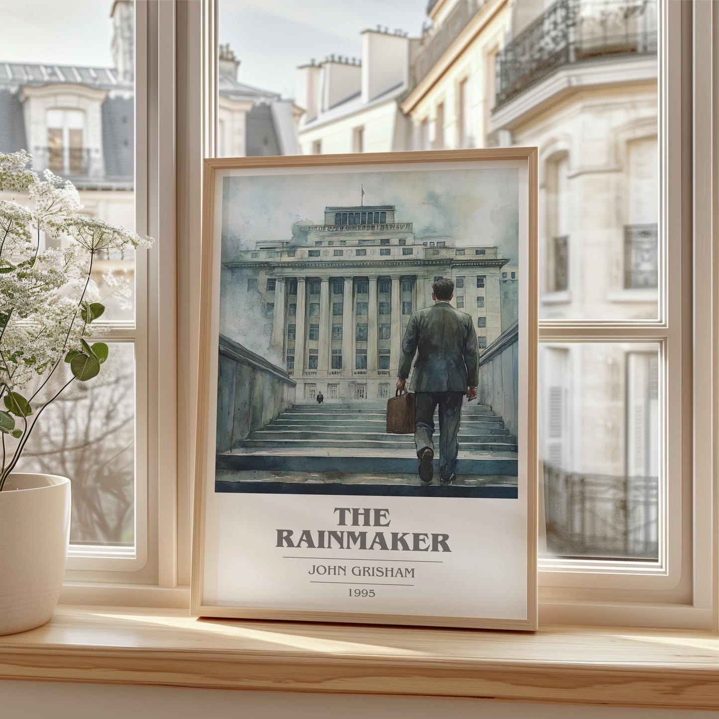 The Rainmaker book cover print in frame leaning in hallway – thriller wall art