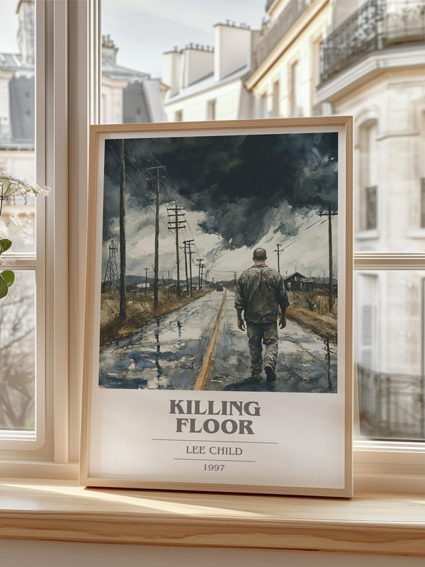 Killing Floor book cover print in frame leaning in hallway – thriller wall art