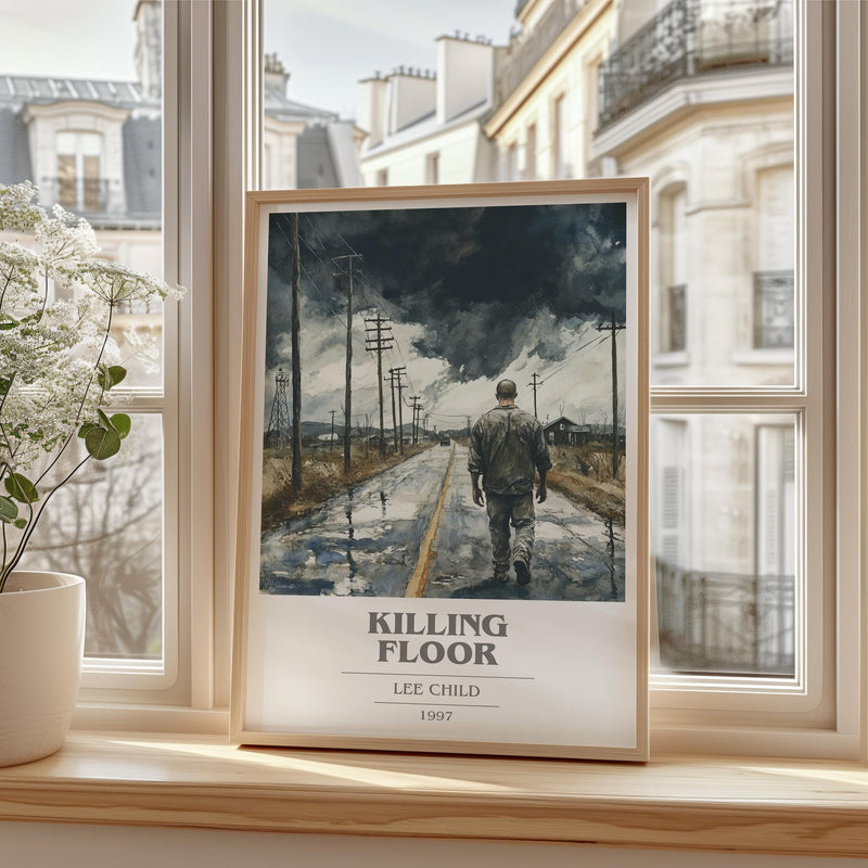 Killing Floor book cover print in frame leaning in hallway – thriller wall art