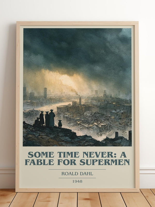 Some Time Never: A Fable for Supermen book cover print in frame leaning in hallway – fantasy wall art