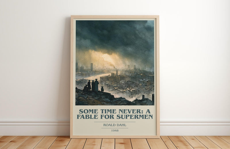 Some Time Never: A Fable for Supermen book cover print in frame leaning in hallway – fantasy wall art