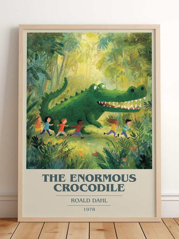 The Enormous Crocodile book cover print in frame leaning in hallway – childrens wall art