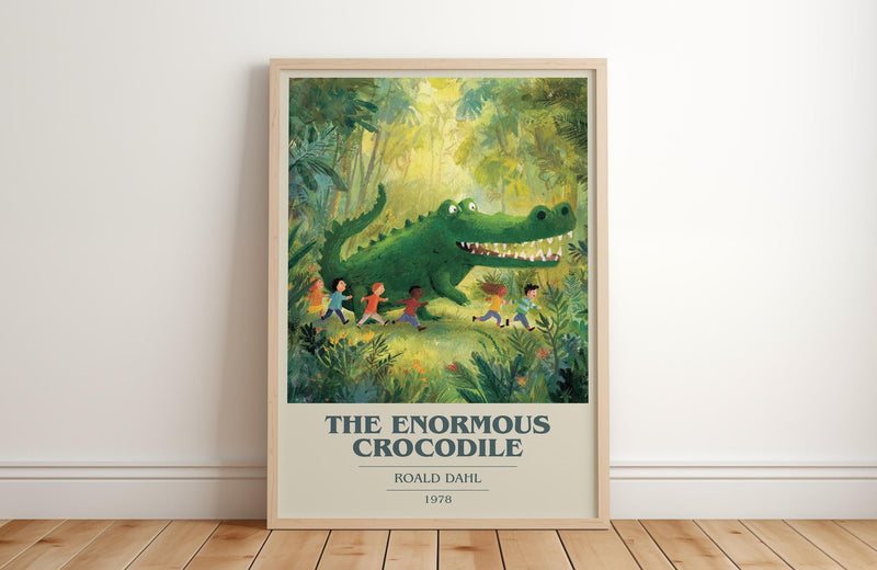 The Enormous Crocodile book cover print in frame leaning in hallway – childrens wall art