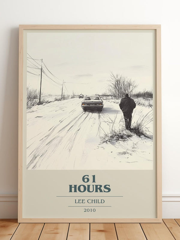 61 Hours book cover print in frame leaning in hallway – thriller wall art