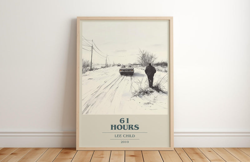 61 Hours book cover print in frame leaning in hallway – thriller wall art