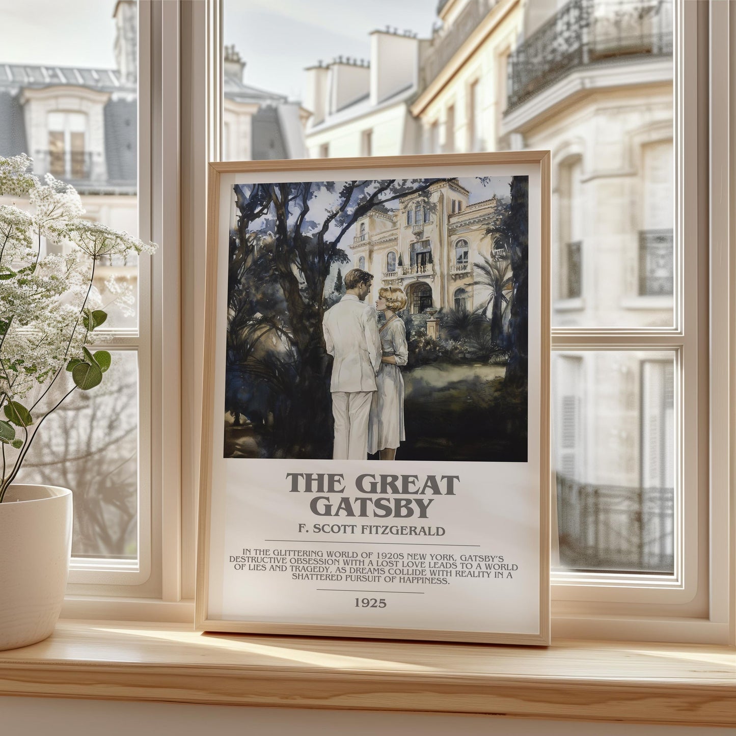 The Great Gatsby book cover print framed by window – literary home decor