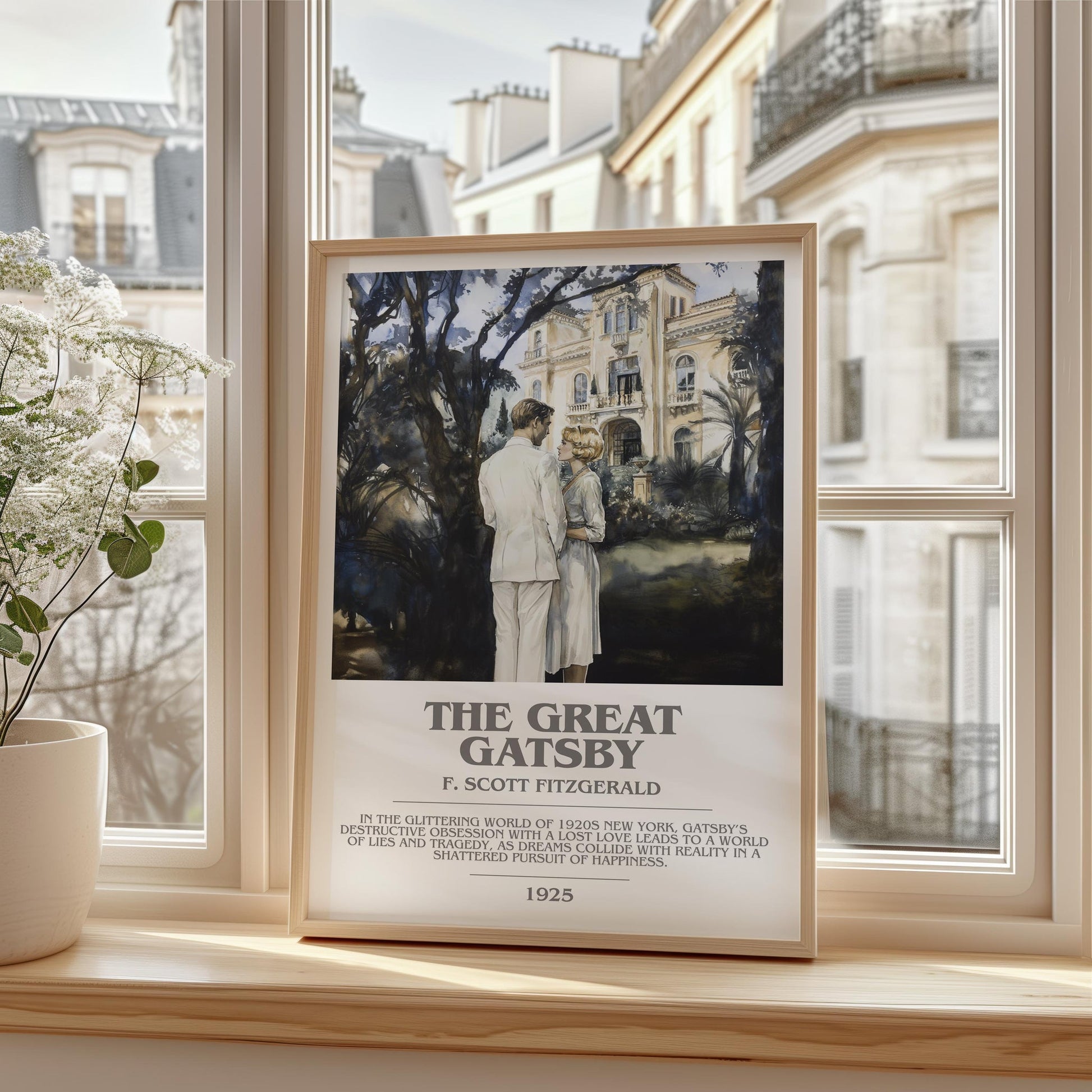 The Great Gatsby book cover print framed by window – literary home decor