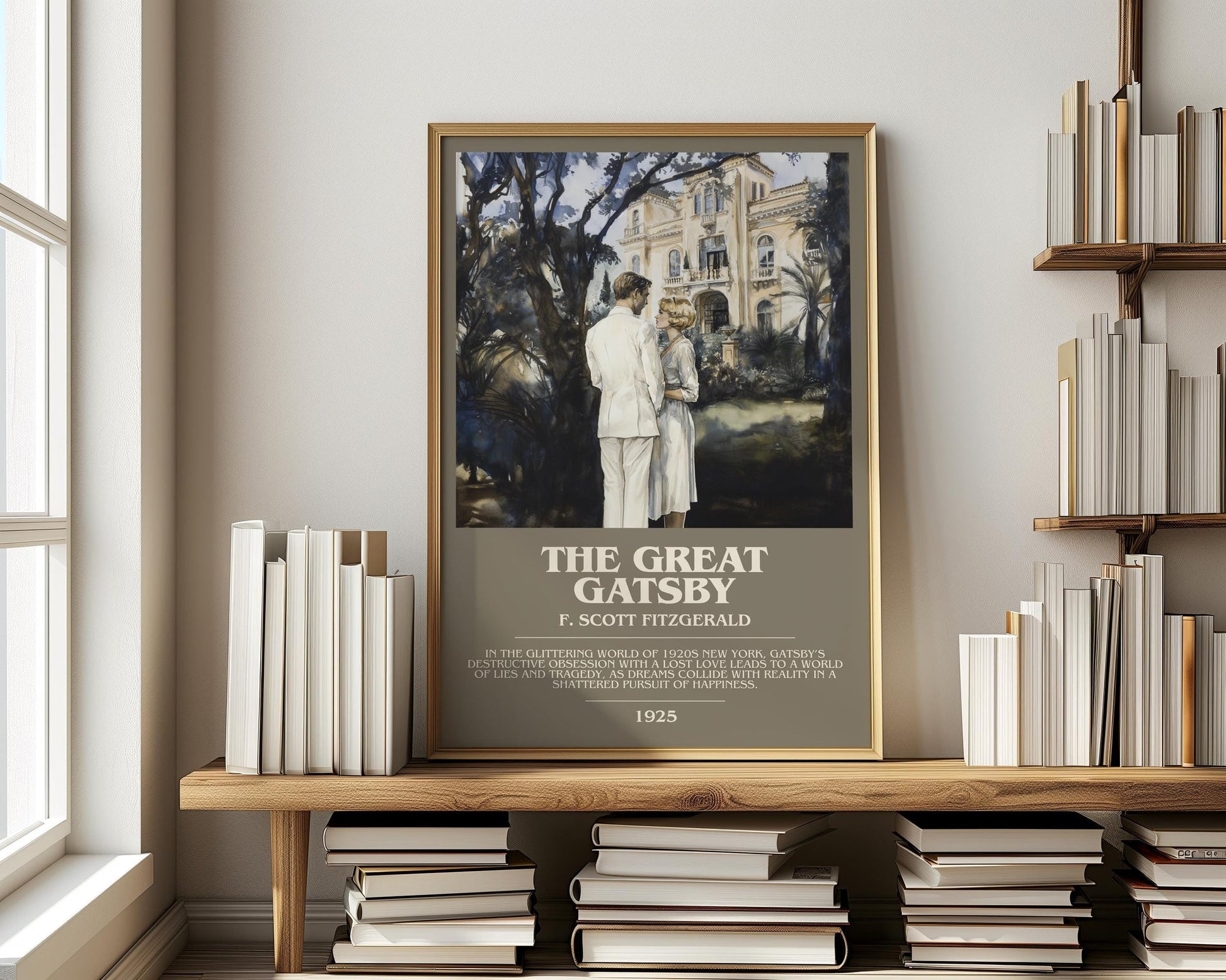 The Great Gatsby book cover print on bookshelf – F. Scott Fitzgerald fan gift