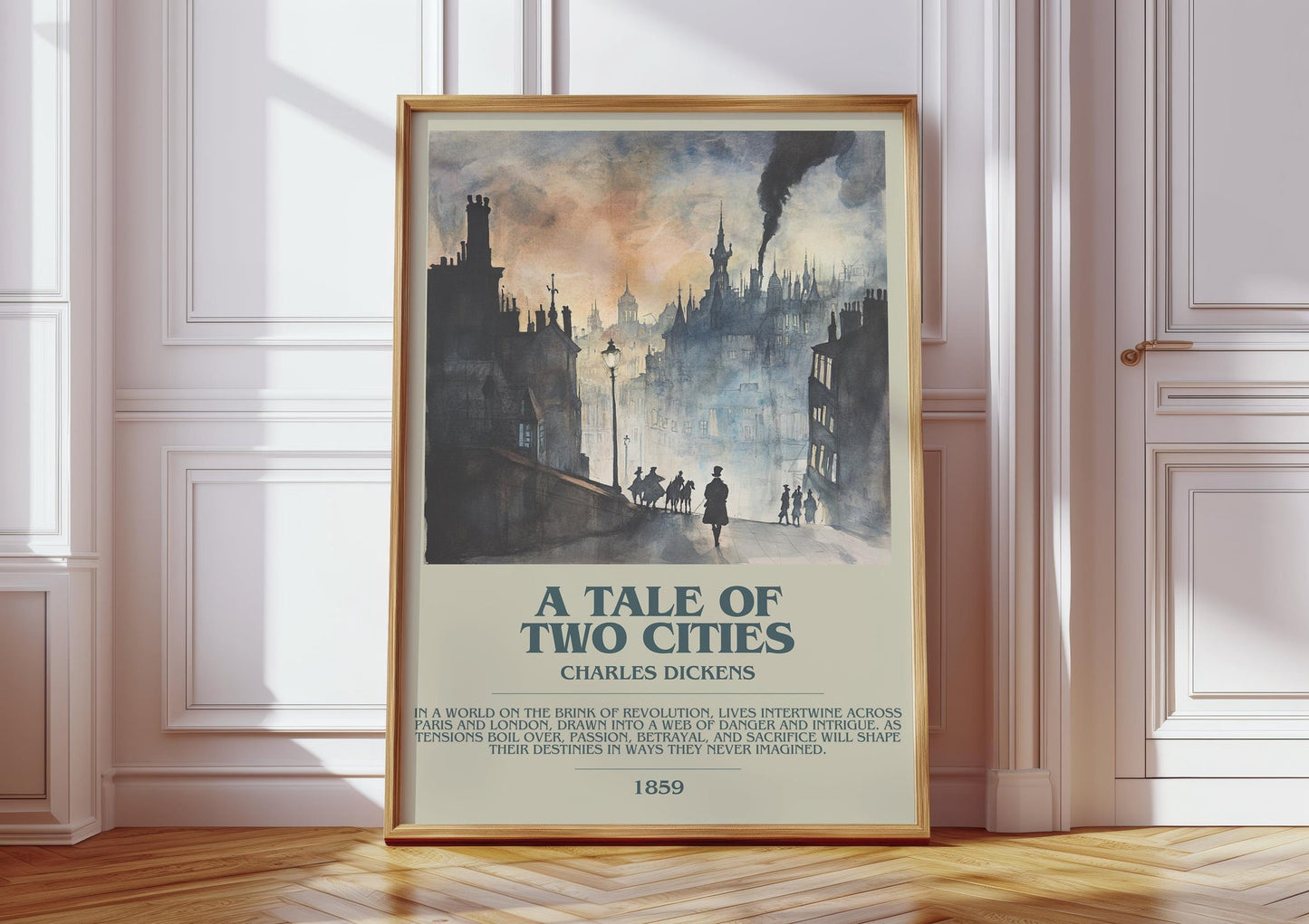 A Tale of Two Cities bookish print in frame leaning in hallway – mystery wall art