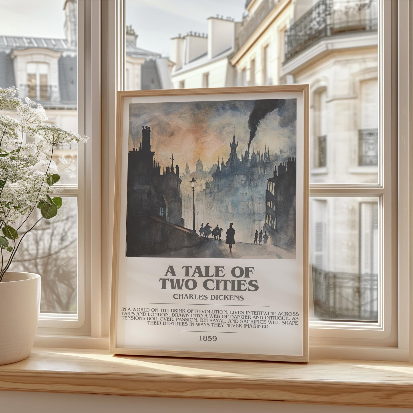 A Tale of Two Cities bookish print framed by window – literary home decor