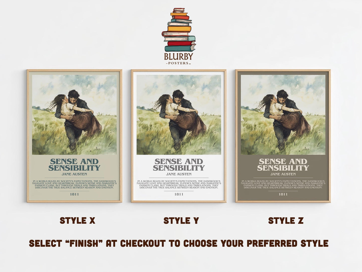Sense and Sensibility bookish poster colour and style options – Jane Austen book art