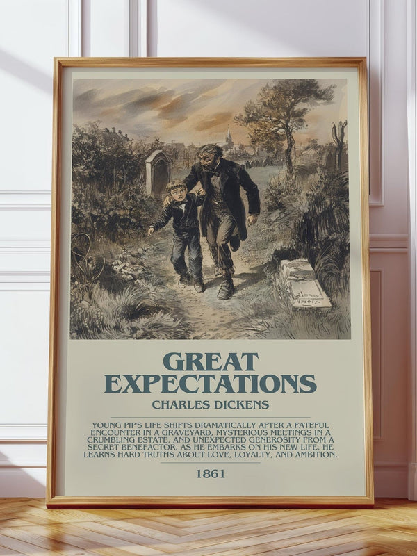 Great Expectations bookish print in frame leaning in hallway – classic literature wall art