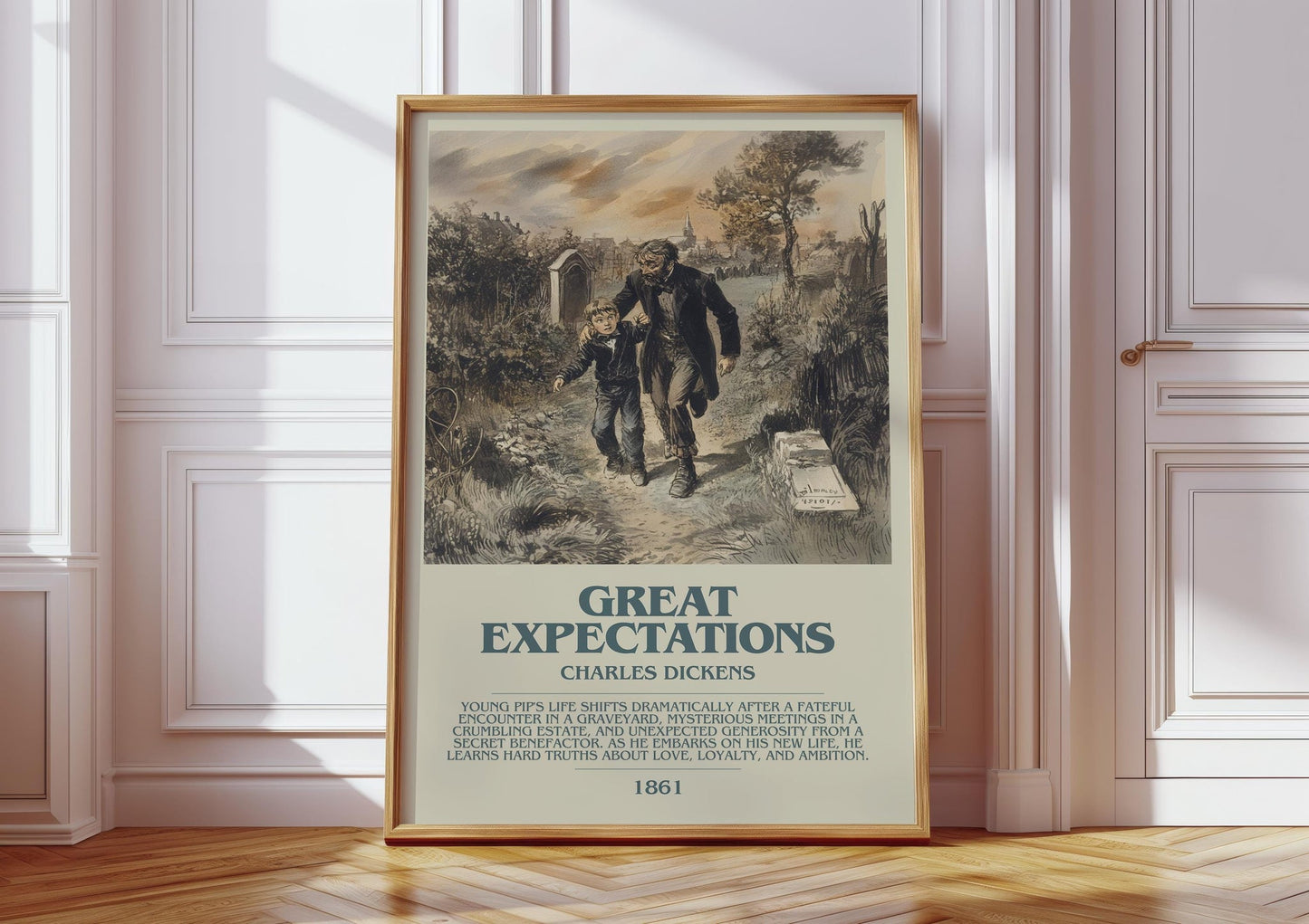 Great Expectations bookish print in frame leaning in hallway – classic literature wall art