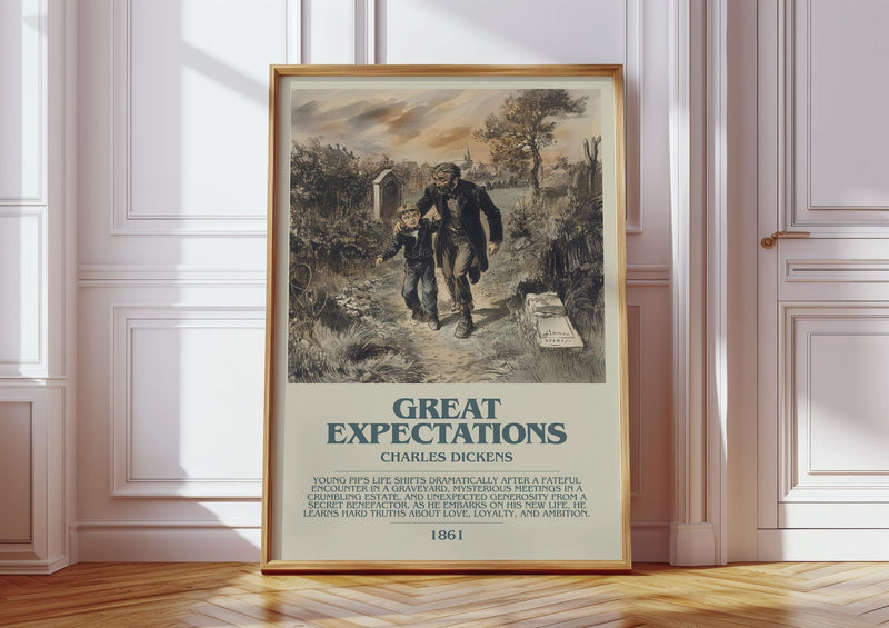Great Expectations bookish print in frame leaning in hallway – classic literature wall art