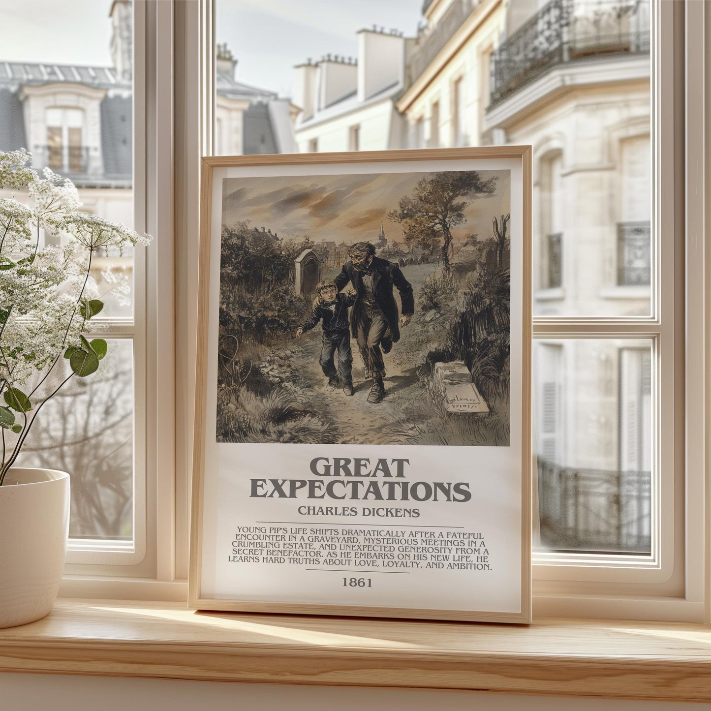 Great Expectations bookish print framed by window – literary home decor