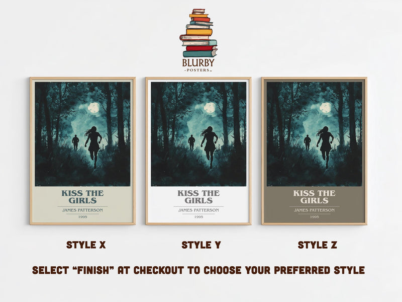 Kiss the Girls book cover print in frame leaning in hallway – thriller wall art