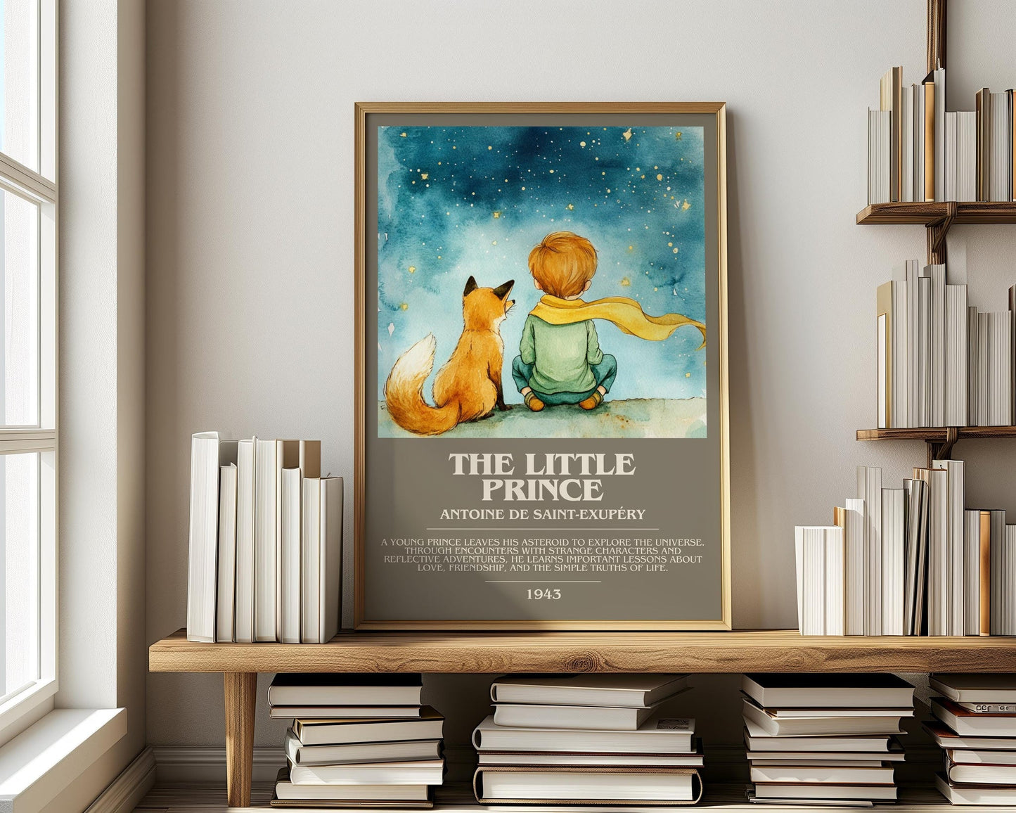 The Little Prince bookish print on bookshelf – Antoine de Saint-Exupéry fan gift