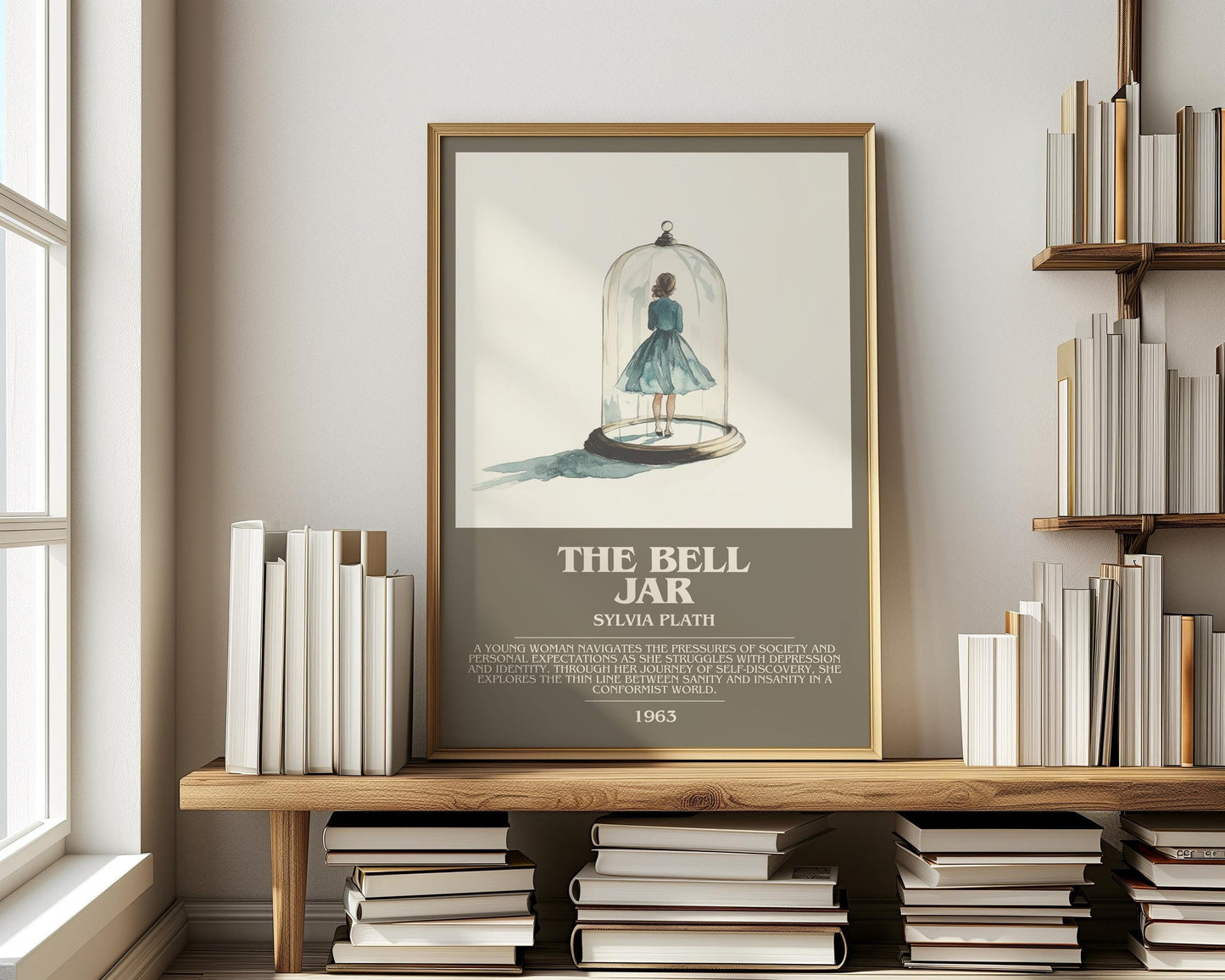 The Bell Jar bookish print on bookshelf – Sylvia Plath fan gift