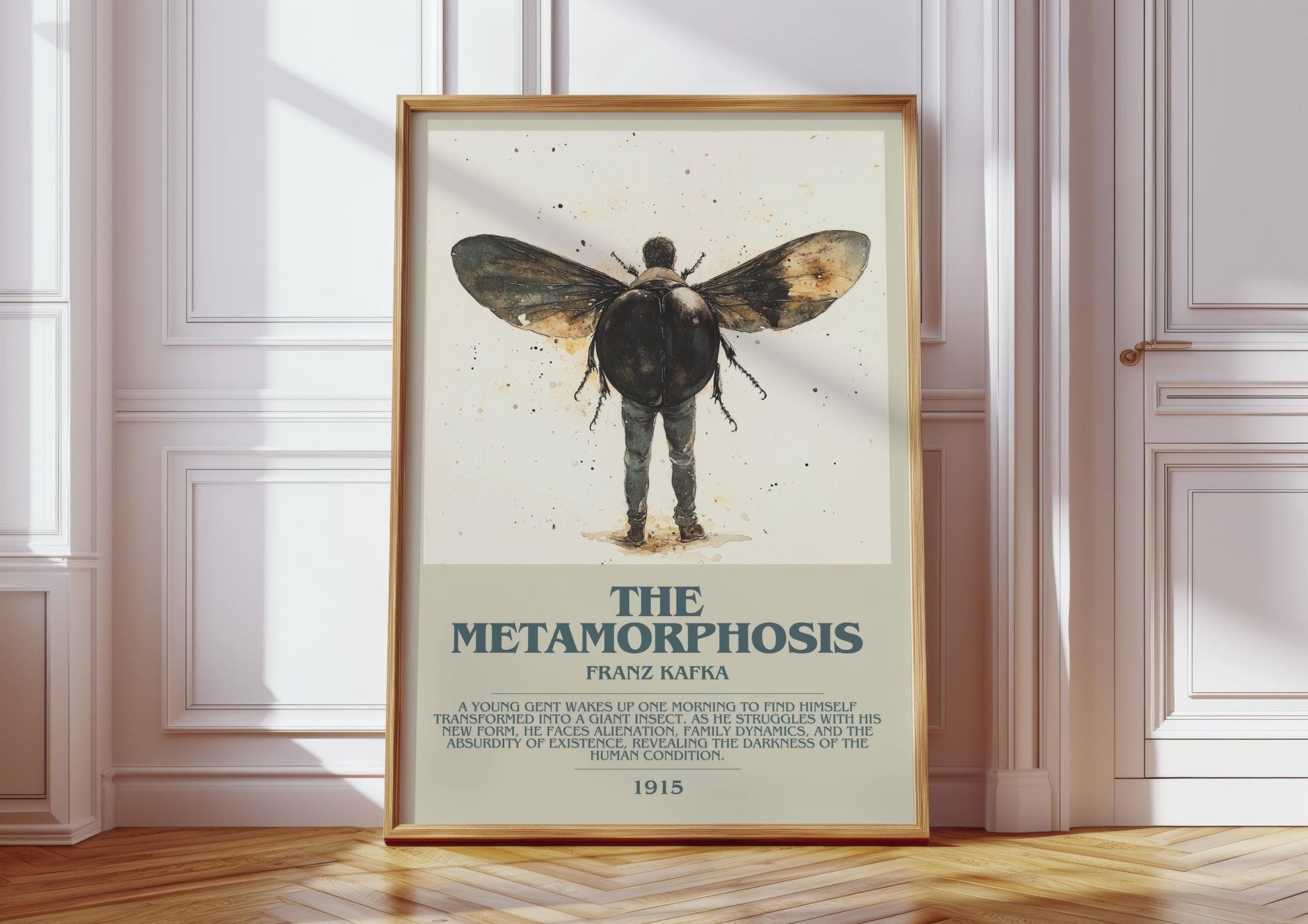 Metamorphosis bookish print in frame leaning in hallway – literary fiction wall art
