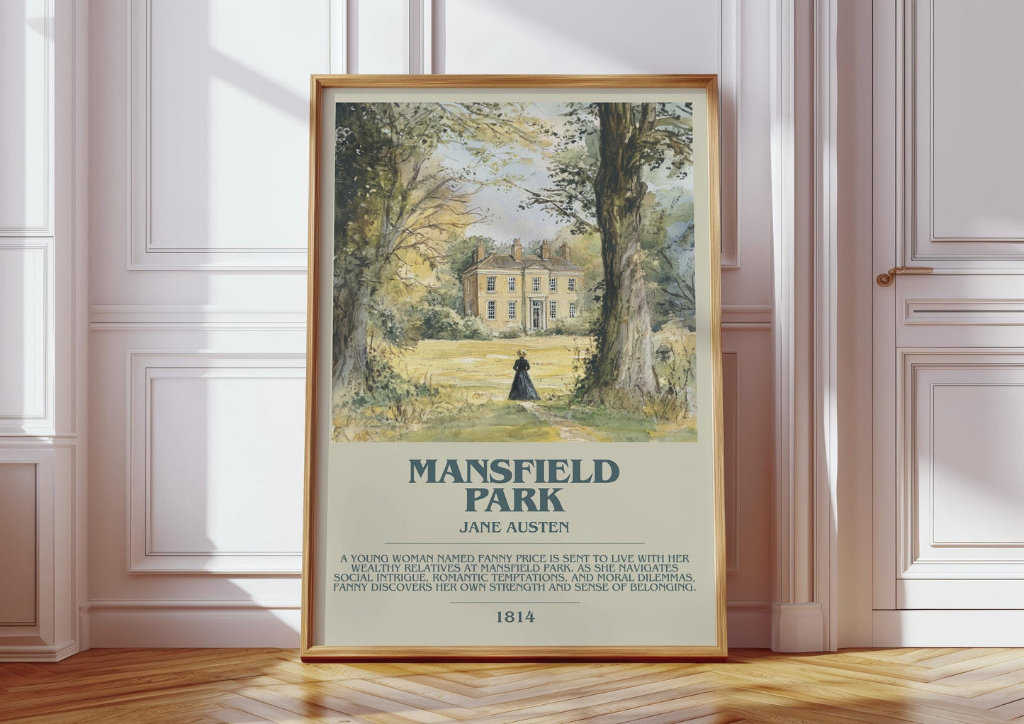 Mansfield Park bookish print in frame leaning in hallway – classic literature wall art