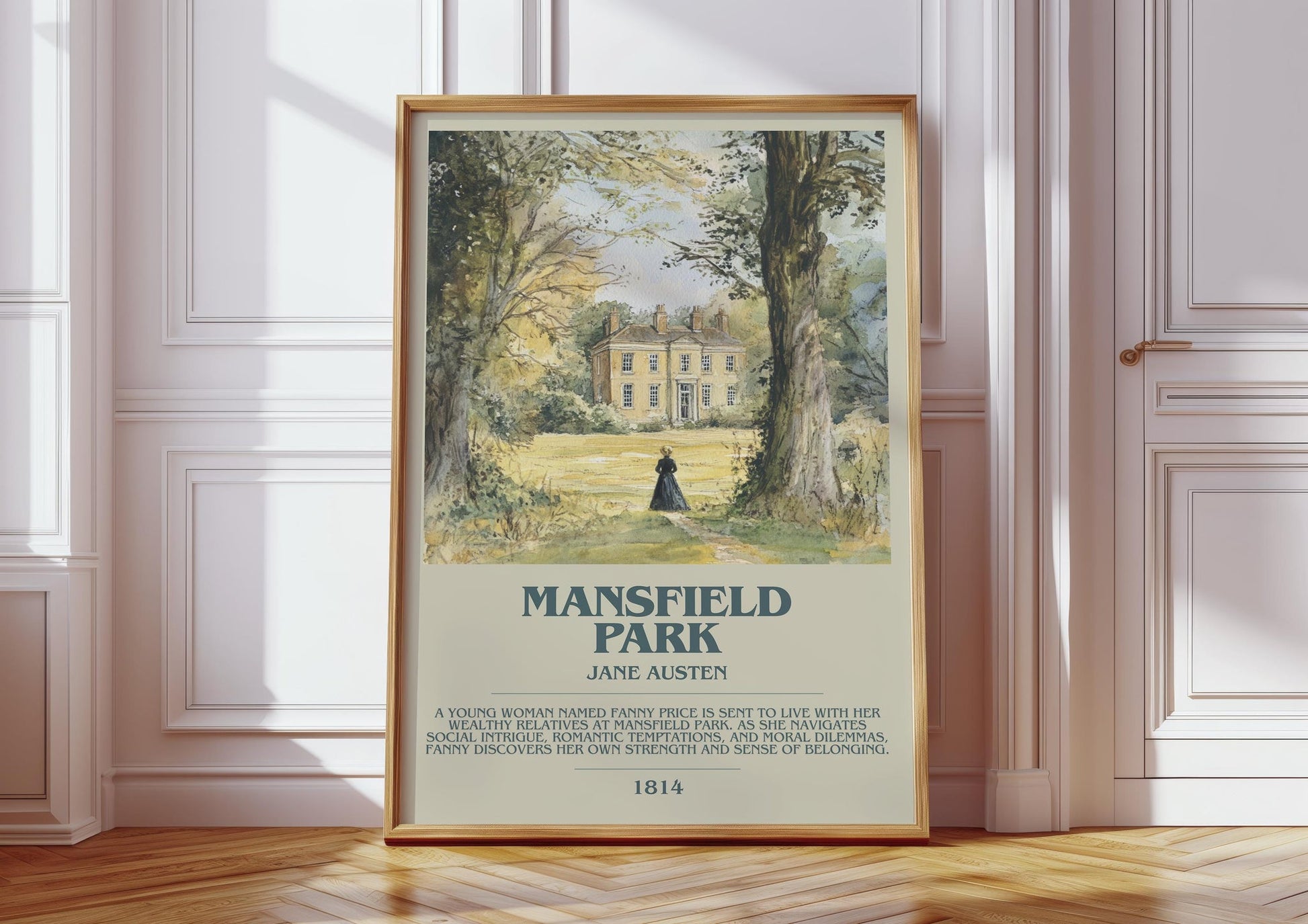 Mansfield Park bookish print in frame leaning in hallway – classic literature wall art