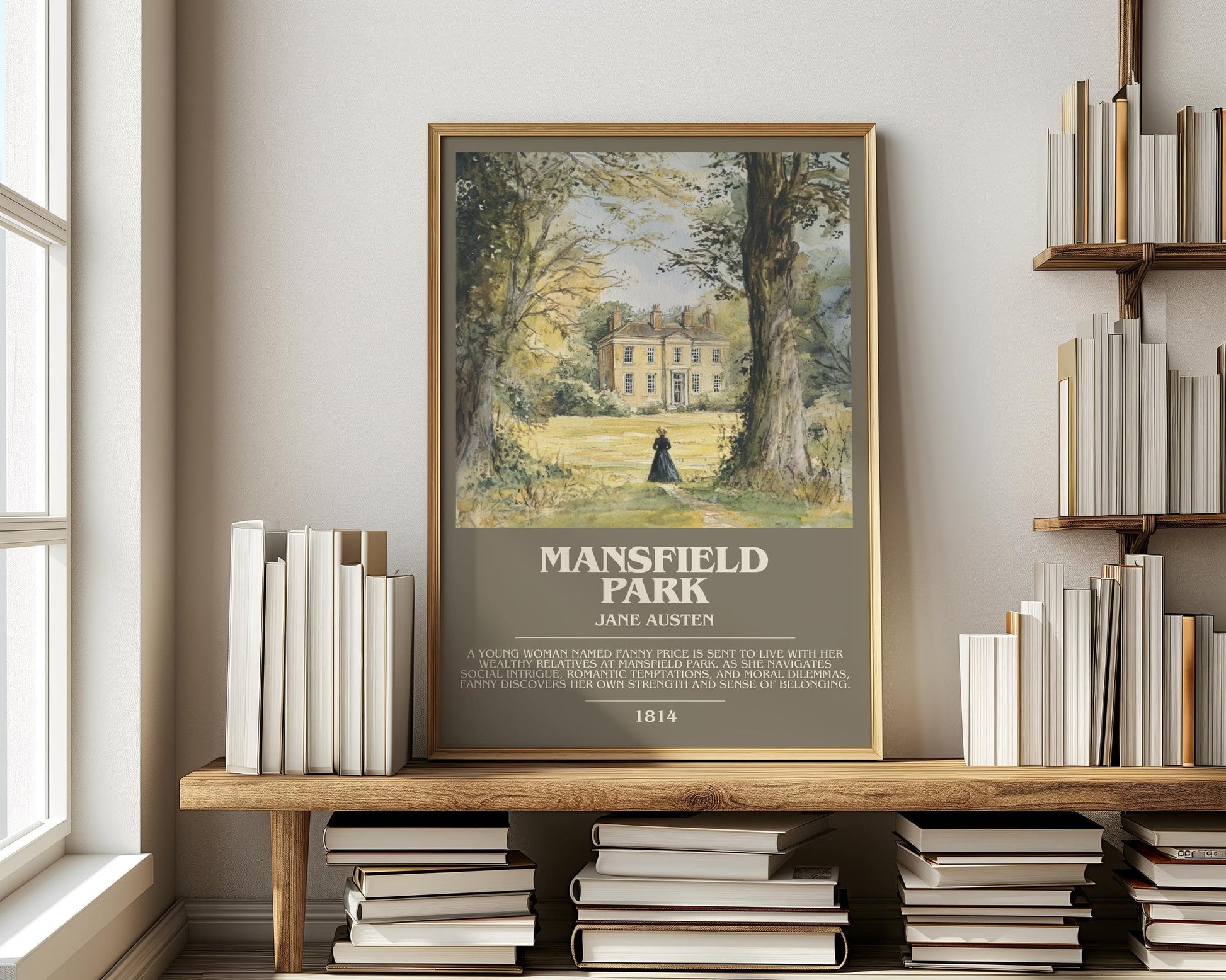 Mansfield Park bookish print on bookshelf – Jane Austen fan gift
