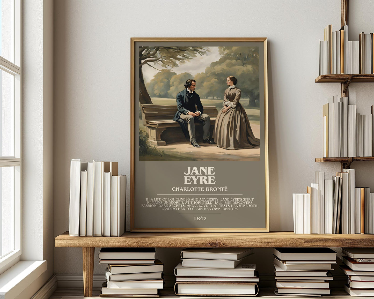 Jane Eyre bookish print on bookshelf – Charlotte Brontë fan gift