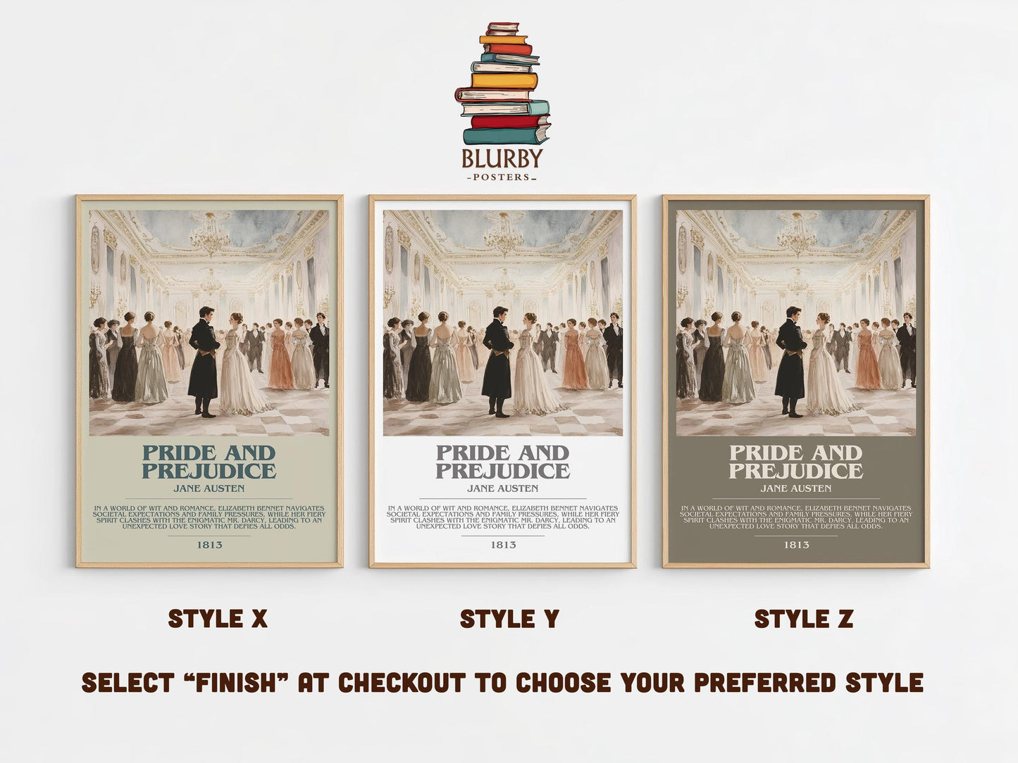 Pride and Prejudice bookish poster colour and style options – Jane Austen book art