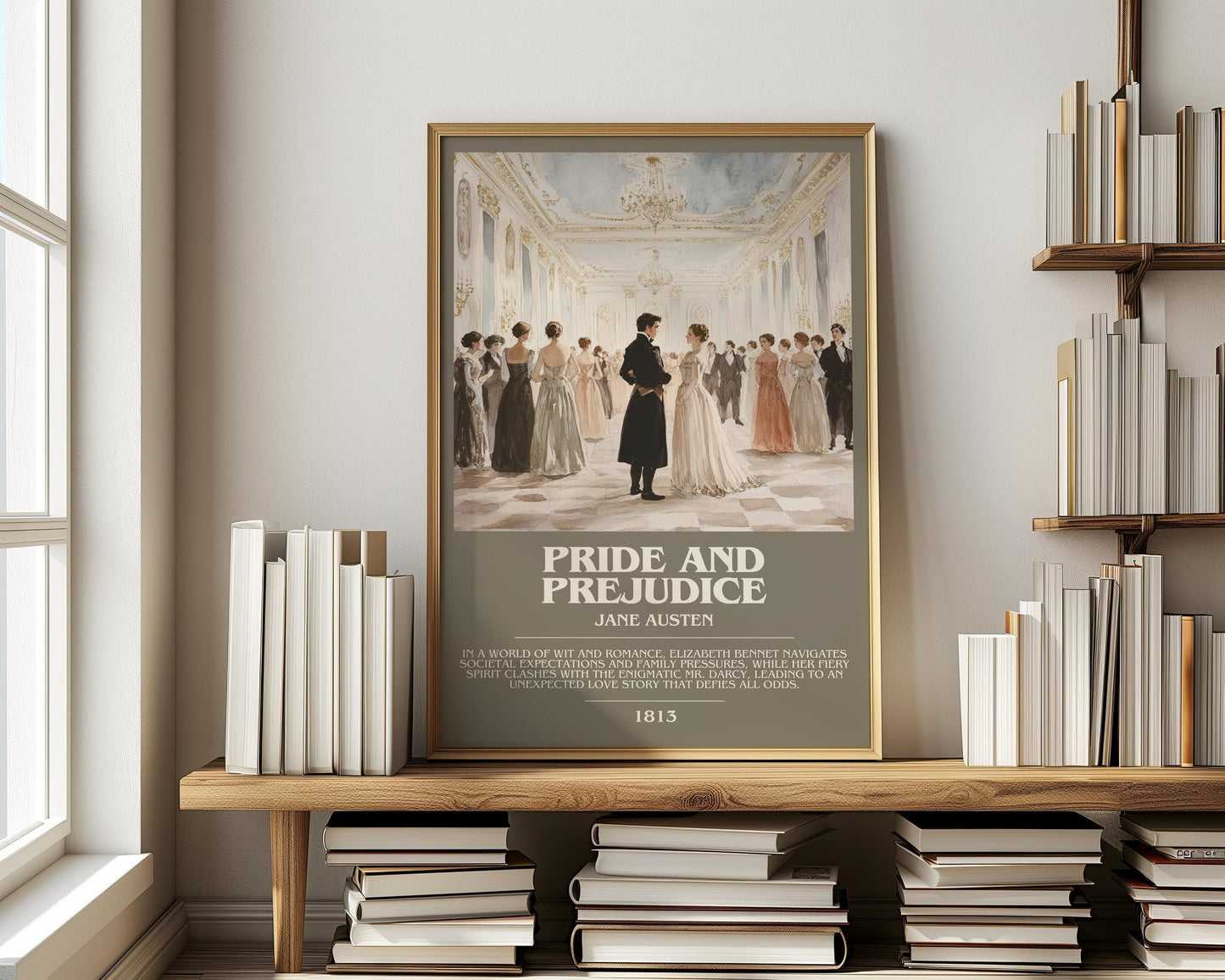 Pride and Prejudice bookish print on bookshelf – Jane Austen fan gift