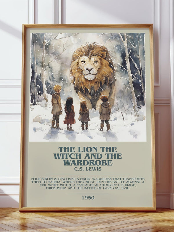 The Lion, the Witch and the Wardrobe bookish print in frame leaning in hallway – fantasy wall art