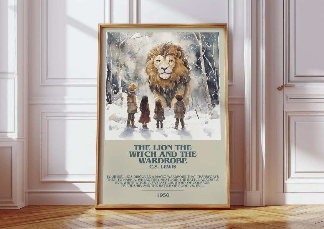 The Lion, the Witch and the Wardrobe bookish print in frame leaning in hallway – fantasy wall art (mockup)