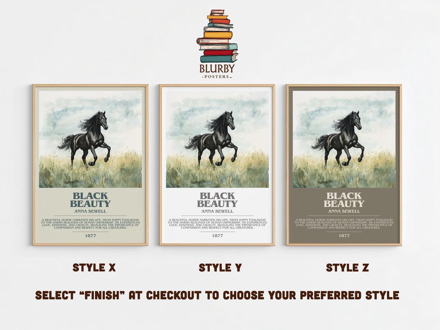 Black Beauty bookish poster colour and style options – Anna Sewell book art