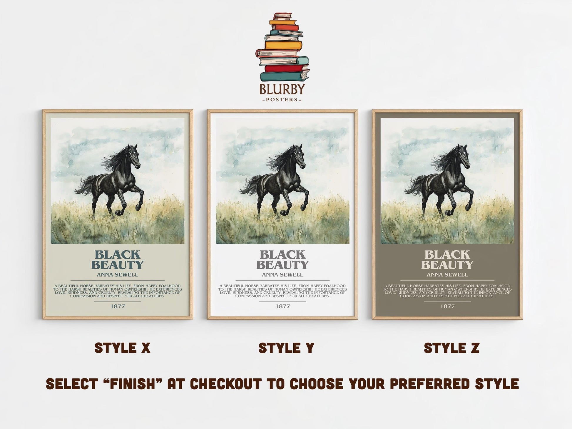 Black Beauty bookish poster colour and style options – Anna Sewell book art