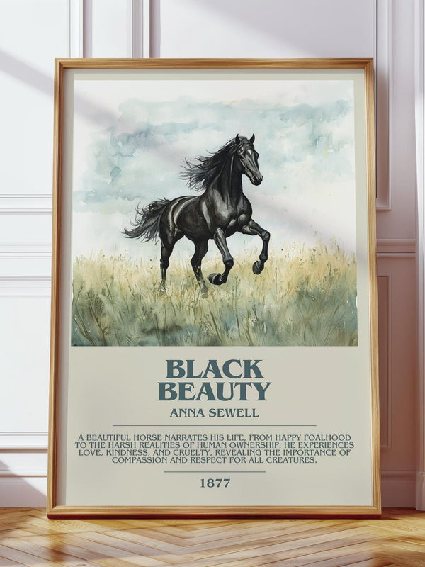 Black Beauty bookish print in frame leaning in hallway – thriller wall art