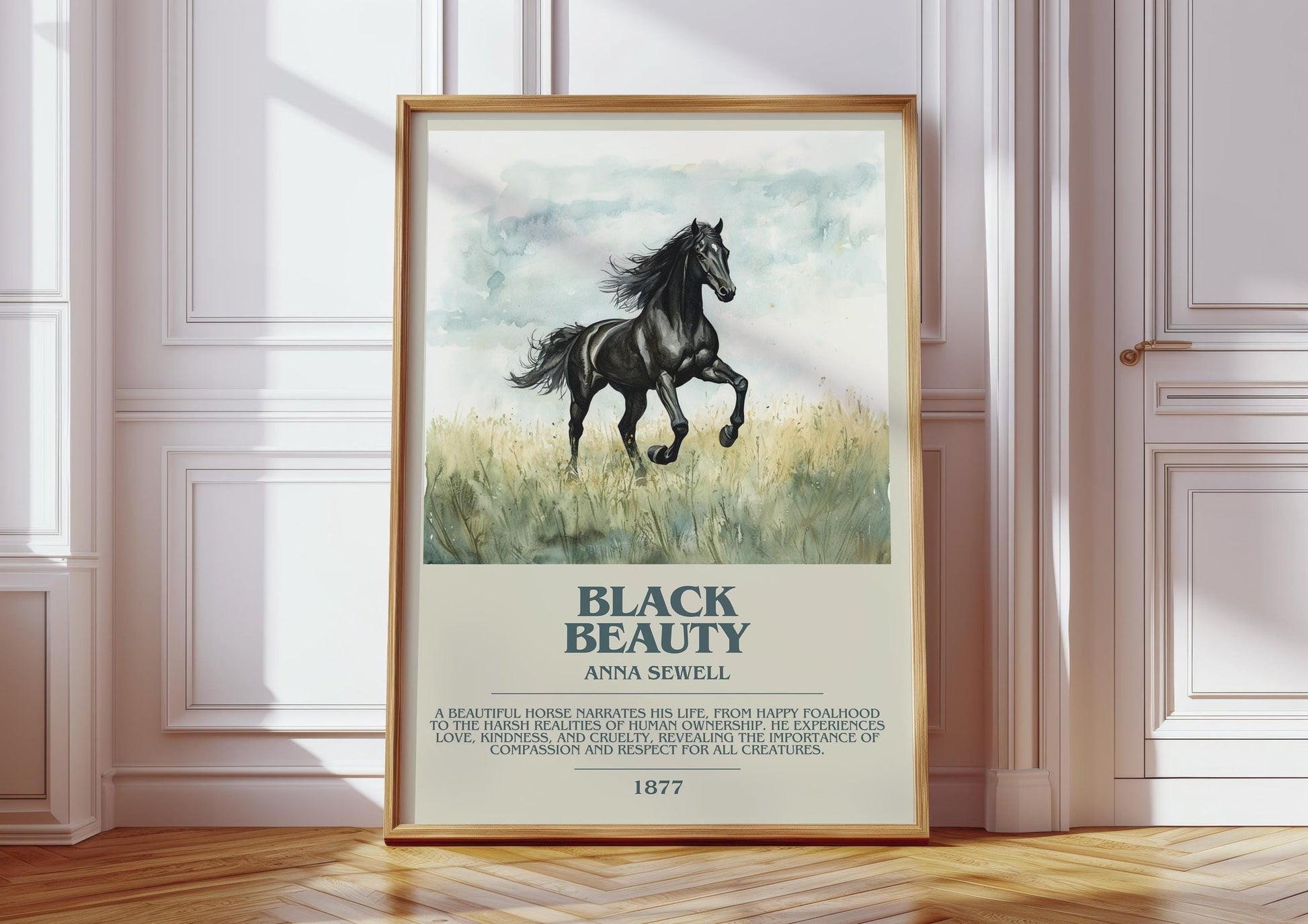 Black Beauty bookish print in frame leaning in hallway – thriller wall art
