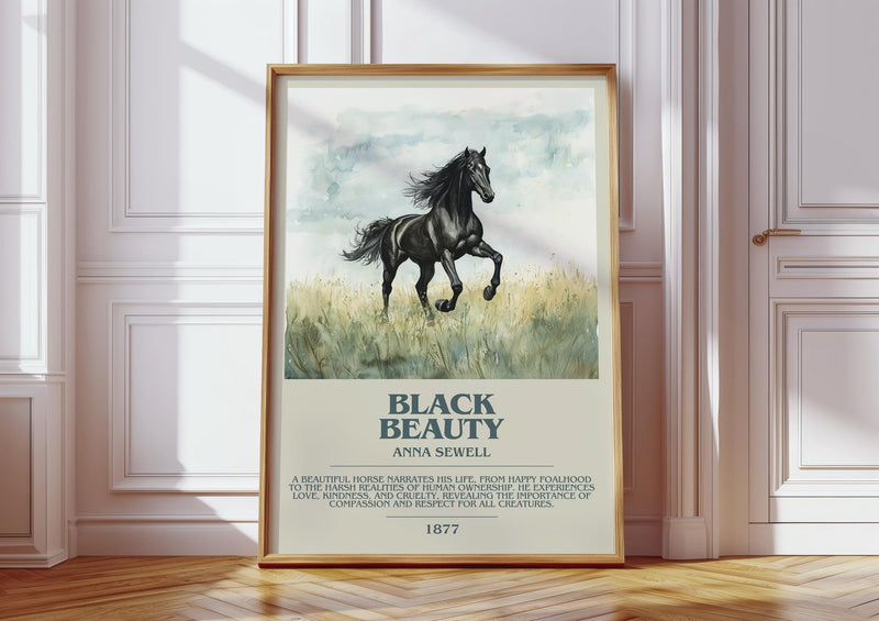 Black Beauty bookish print in frame leaning in hallway – thriller wall art