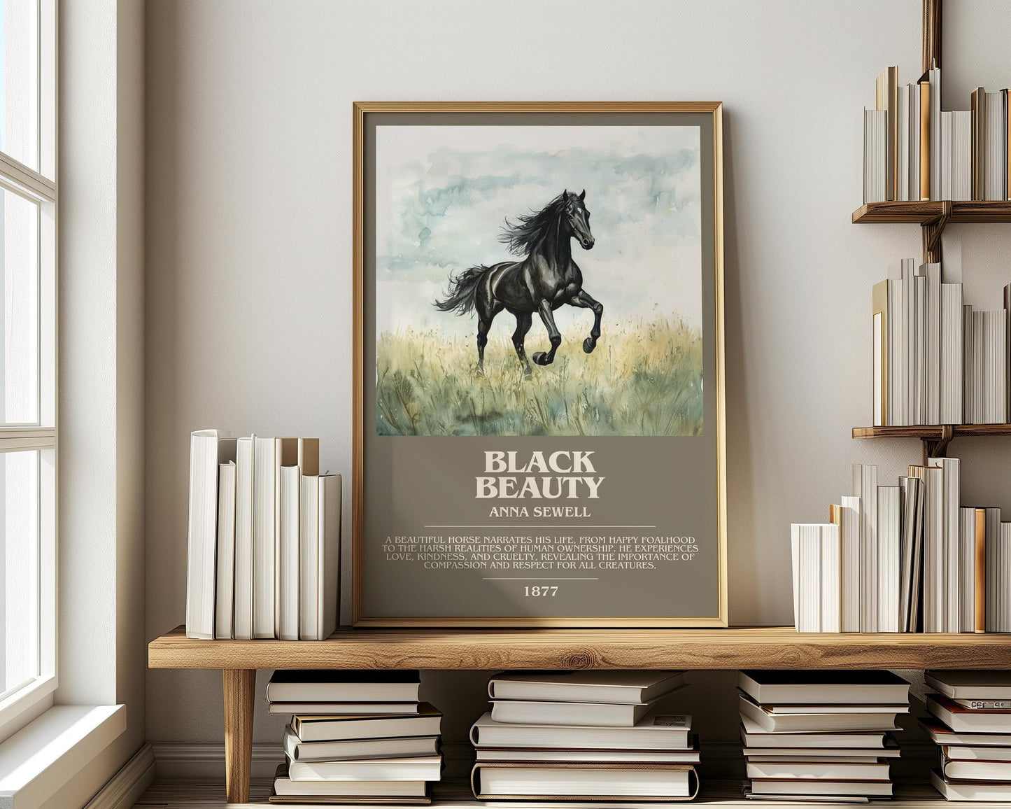Black Beauty bookish print on bookshelf – Anna Sewell fan gift