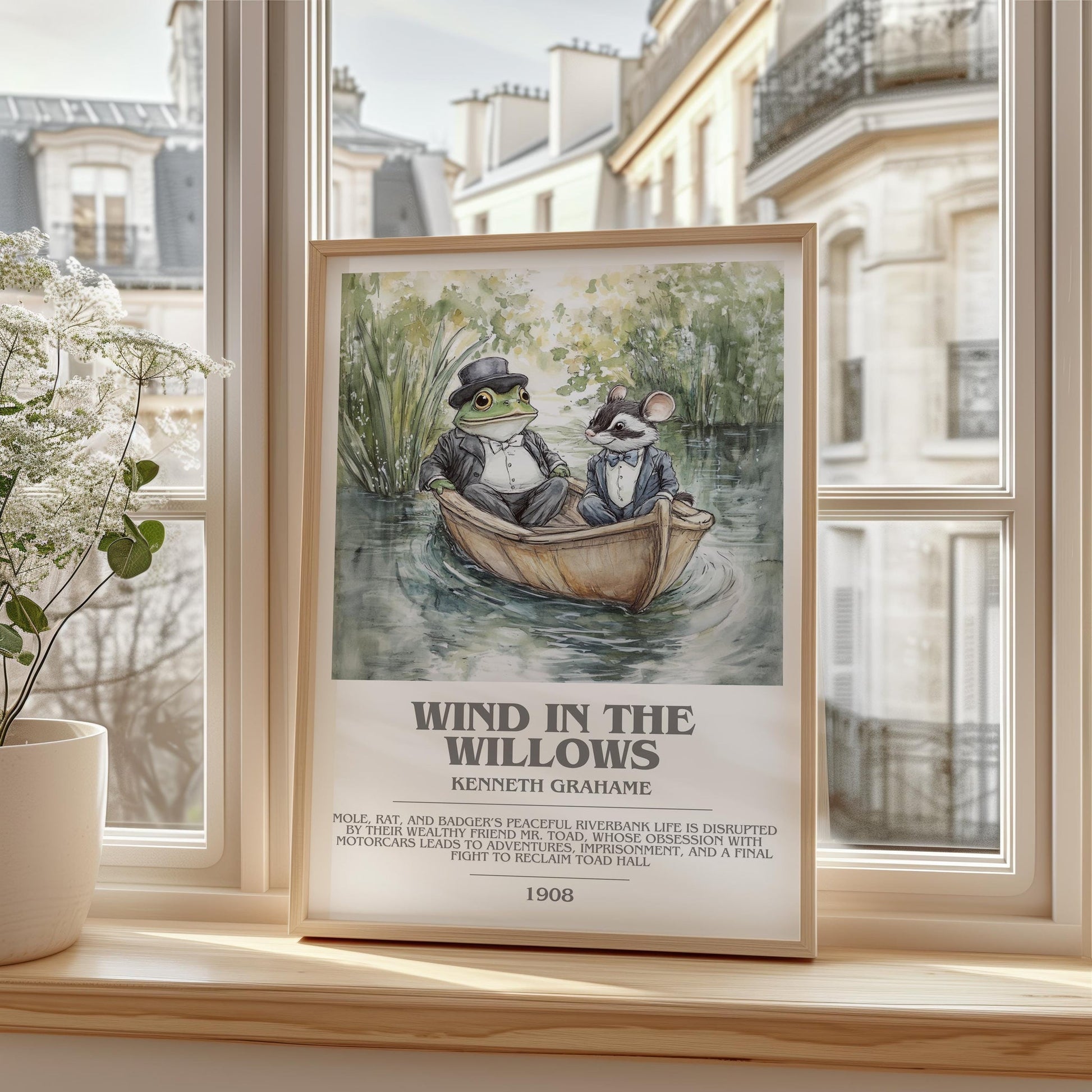 The Wind in the Willows bookish print framed by window – literary home decor