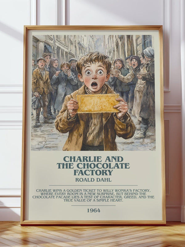 Charlie and the Chocolate Factory bookish print in frame leaning in hallway – childrens wall art